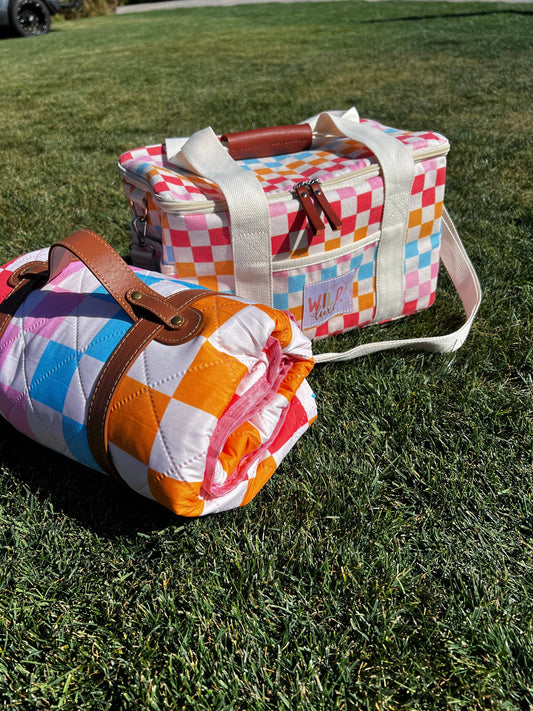 Water Resistant Picnic Blanket in Checkered Rainbow